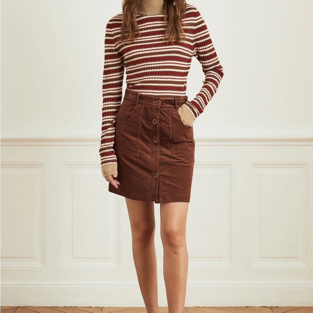 Brown Corduroy Button-Front Skirt